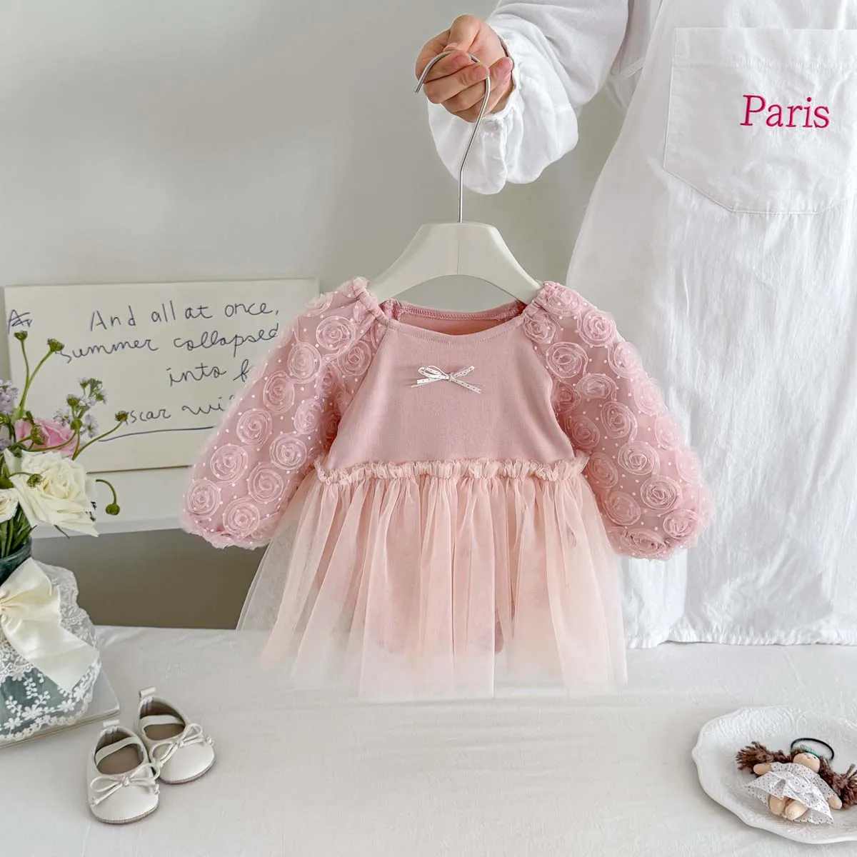 Baby Girl Mesh Princess Dress, 3D Rose Mesh Puff Long Sleeve Bow-Decorated Triangle Dress, Infant Spring and Autumn Birthday Party Dress