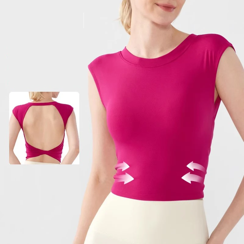 Sexy rückenfreie Yoga-Fitnessweste für Damen, kurzärmelig, festes Brustpolster, Sport-T-Shirt, kurzer Stil für Fitness und Yoga – Detail 3