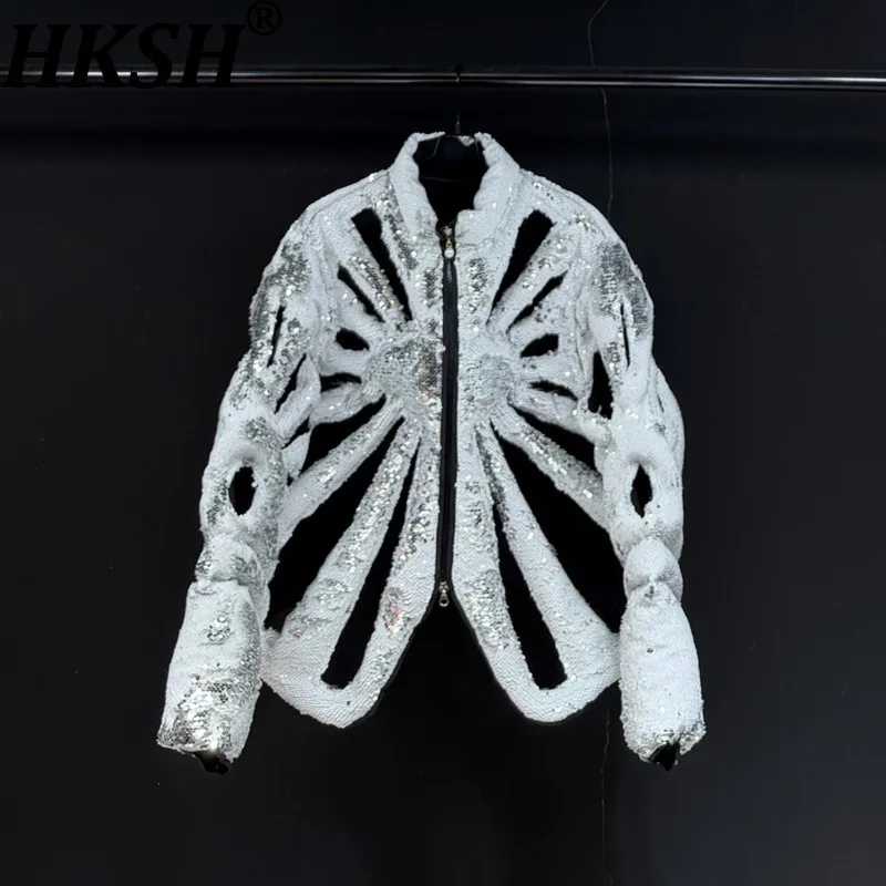 HKSH Autumn Winter New Men Trend Hollow Out Sequined Loose Jacket High Street Punk Fashion Stage Performance Padded Coat HK16702