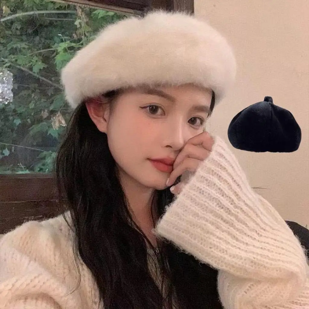 Inverno quente imitação de pele de vison boinas macio fofo engrossado presentes de natal boné octogonal esqui caminhadas à prova de frio newsboy bonés