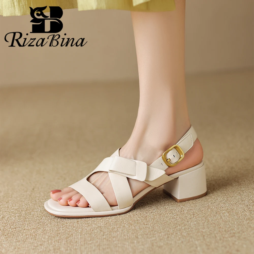 

RIZABINA Vintage Sandals Women Genuine Leather Chunky Heels Back Strap Square Toe Summer Pumps Metal Buckle Leisure Women Shoes