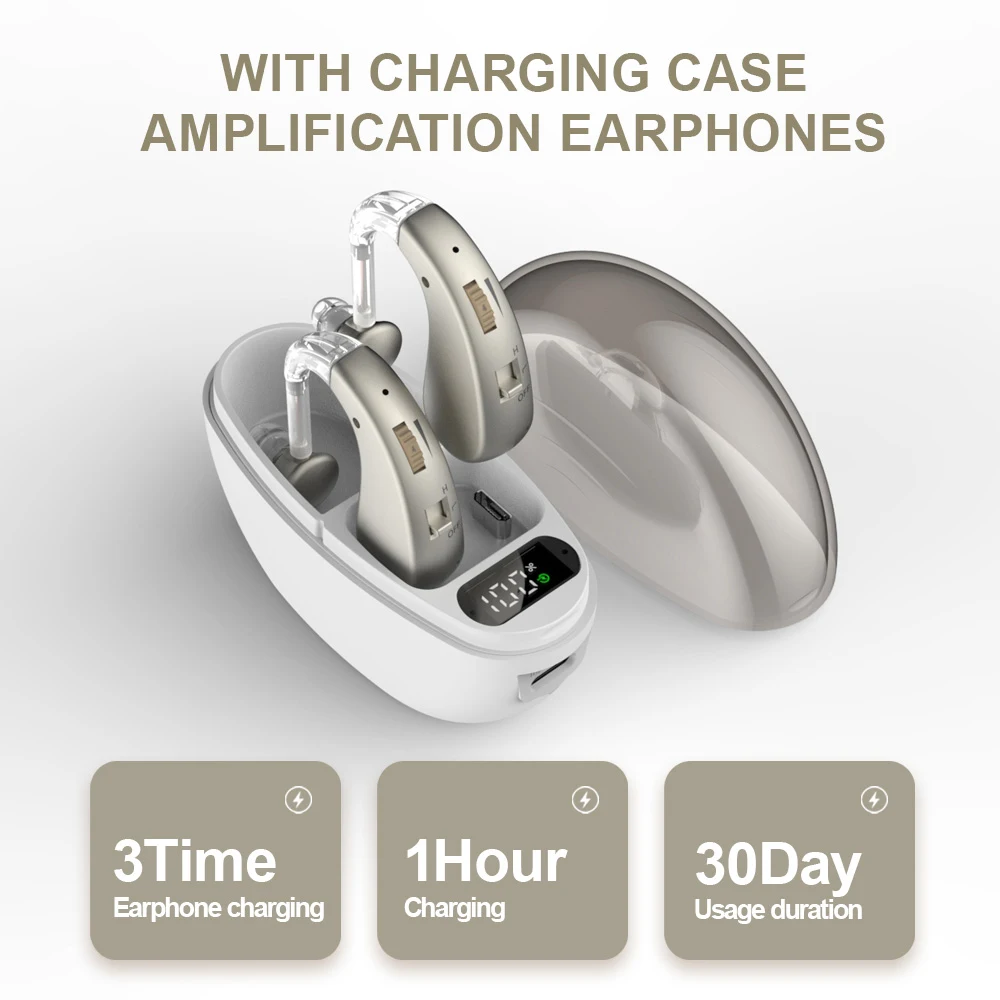 2PCS Loudspeaker Earphones Auxiliary Listening Device Ear Hanging Deafness Earback Special Charging Case