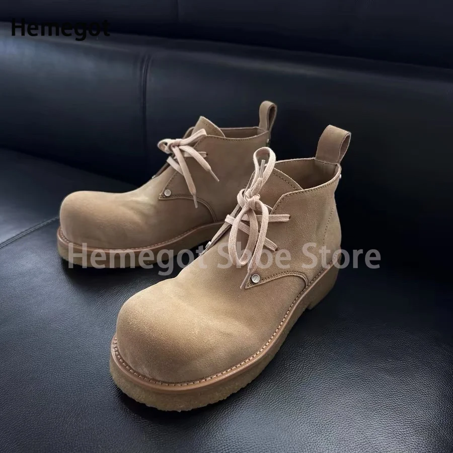 

Round Toe Cowhide Desert Ankle Boots Men Handmade Leather Boots Bog Toe Men's Spring and Autumn Lace-Up High-Top Booties