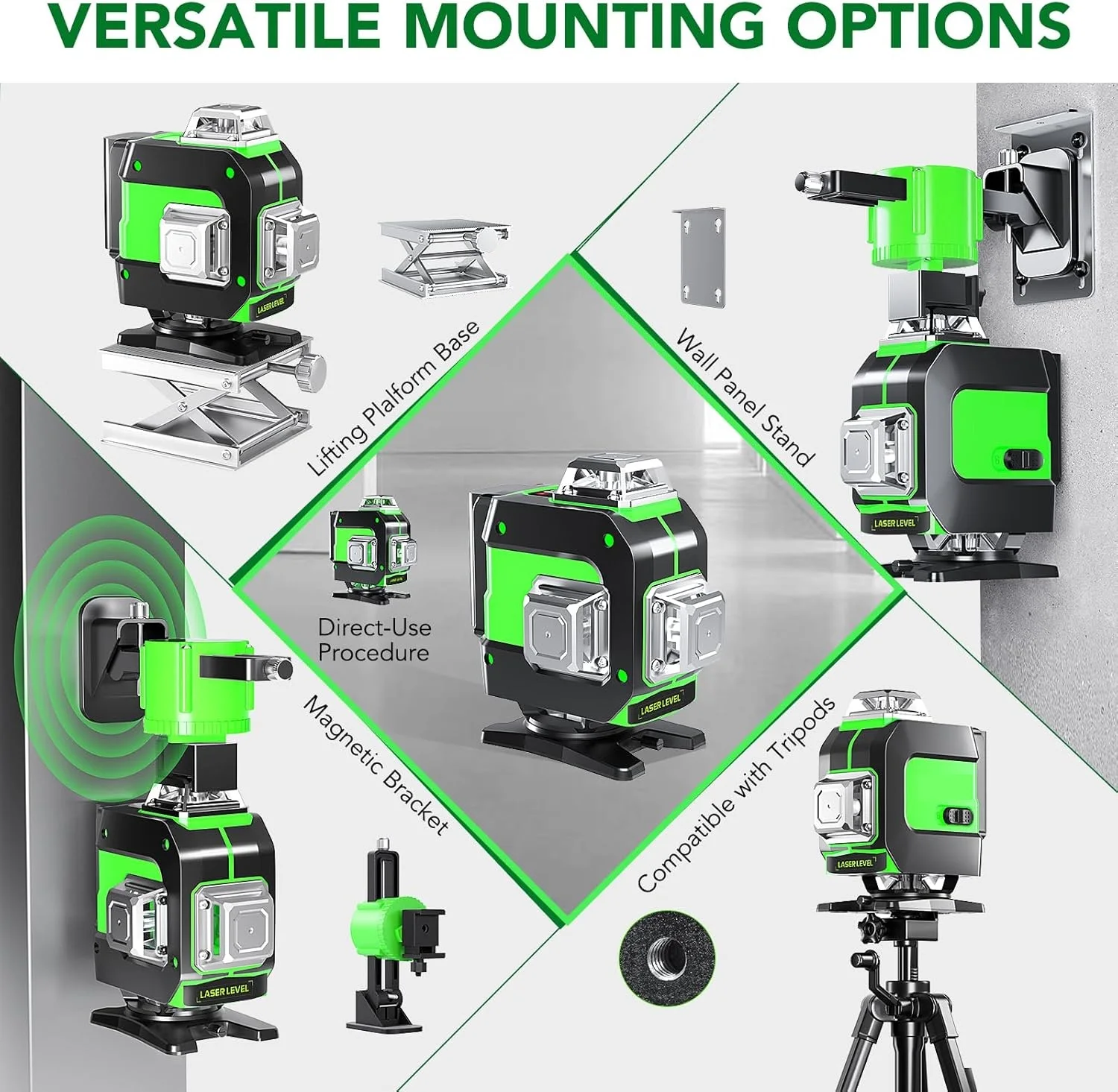 เลเซอร์ระดับ 4x360 °   เลเซอร์เส้นไขว้สีเขียวปรับระดับอัตโนมัติสำหรับงานก่อสร้างและแขวนรูปภาพ พร้อมแบตเตอรี่แบบชาร์จได้