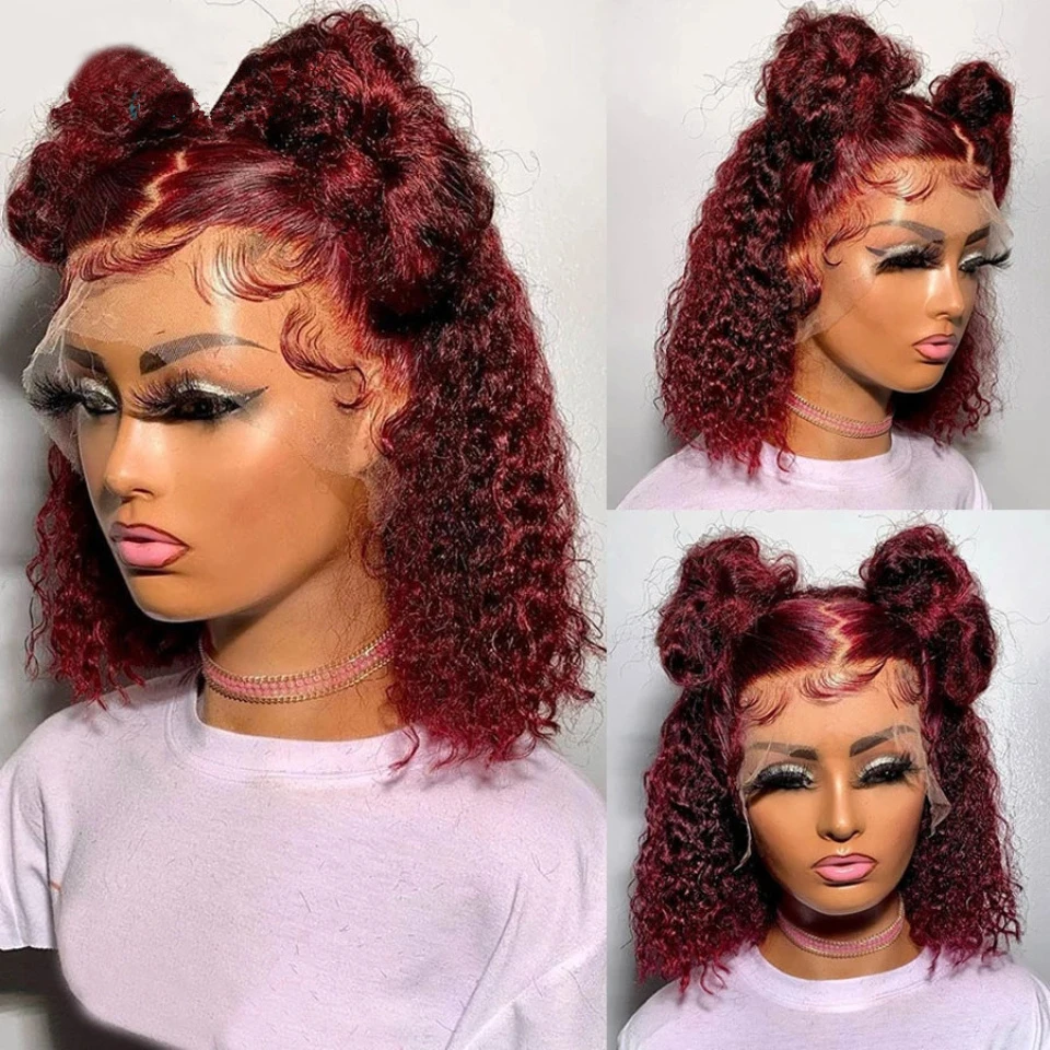 

Burgundy Red Synthetic Lace Frontal Wigs For Women Red Short Bob Curly Glueless Pre Plucked Hairline Wig With Baby Hair Cosplay