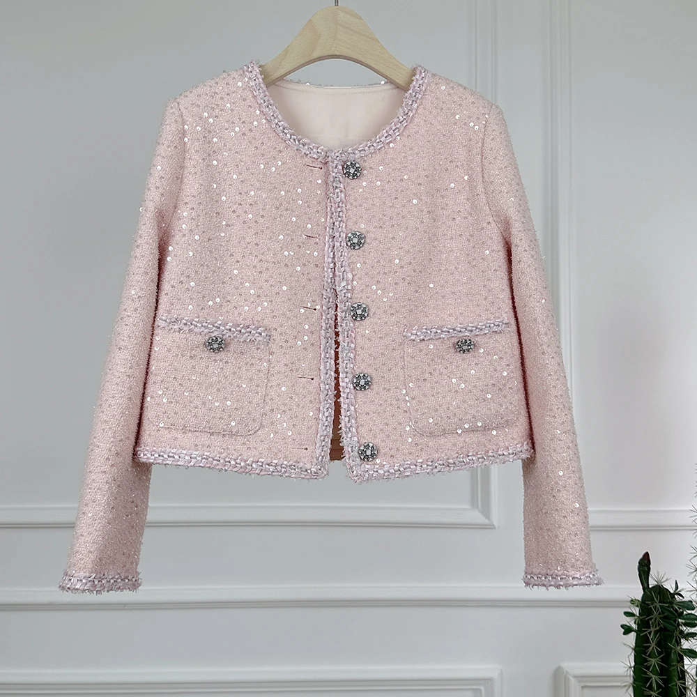 2024 Elegant Autumn Winter Sweet Girls Pink Squin Tweed Jacket Coat New Women Single Breasted Glitter Weave Tassel Short Outwear