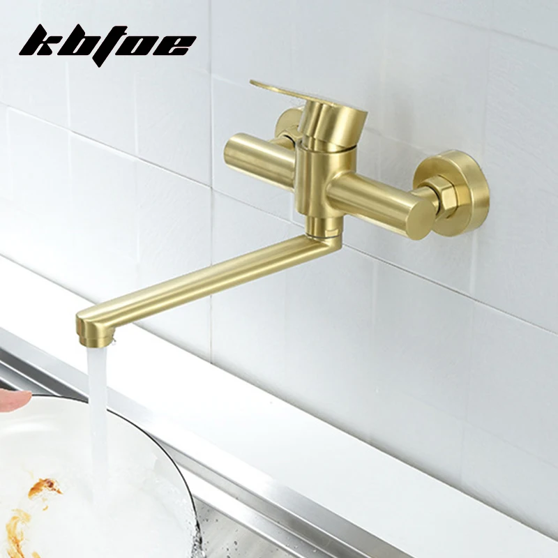 ゴールド壁掛けキッチン蛇口回転式温冷水シンクミキサータップ延長スパウトバルコニーガーデンクレーンステンレス鋼
