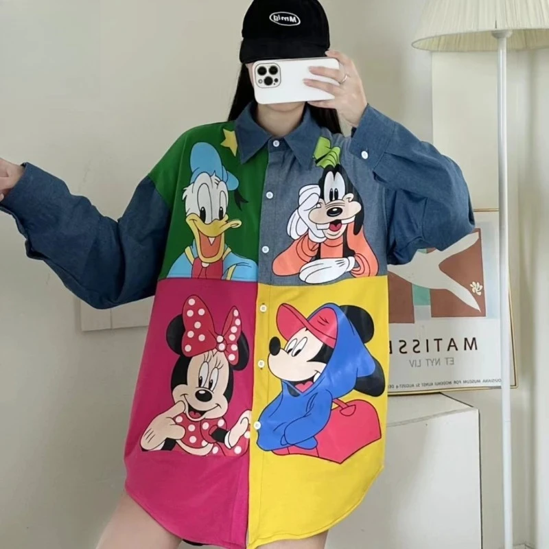 

Футболка оверсайз с цветными блоками и джинсовой вставкой, с принтом Микки, Минни и Дональда Дака, повседневная уличная одежда, свободный крой, длинный рукав