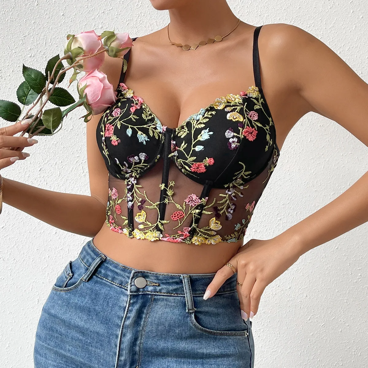 

Summer Women's French Floral Perspective Corset Top Crop Tank Tops Ladies Tops Sexy Fashion Bustier Lingerie Camis Streetwear