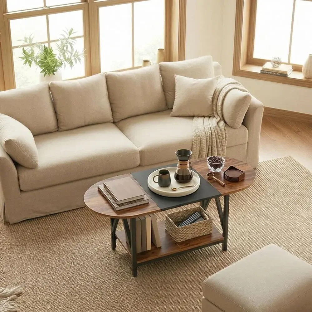 Coffee Table or Living Room, 2-Tier Oval Coffee Table, Industrial Centre Table with Open Shelf, Small Space, Home Office and Din view 3