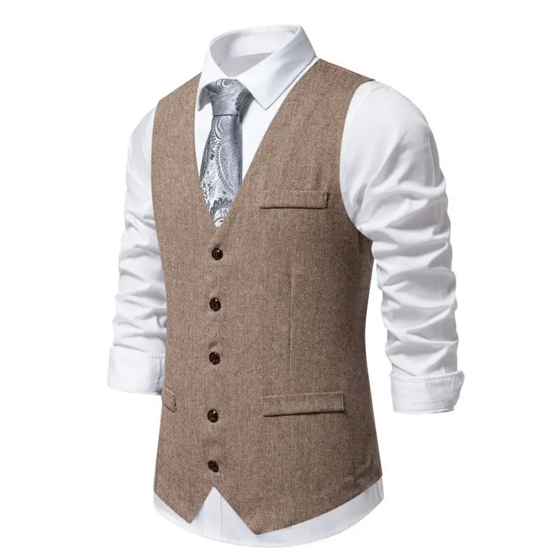 #4856 Khaki Gray Men\'s Sleeveless Vest Single Breasted Office Male Vest V-neck Split Joint Elegant Man Vest Regular Fit Spring