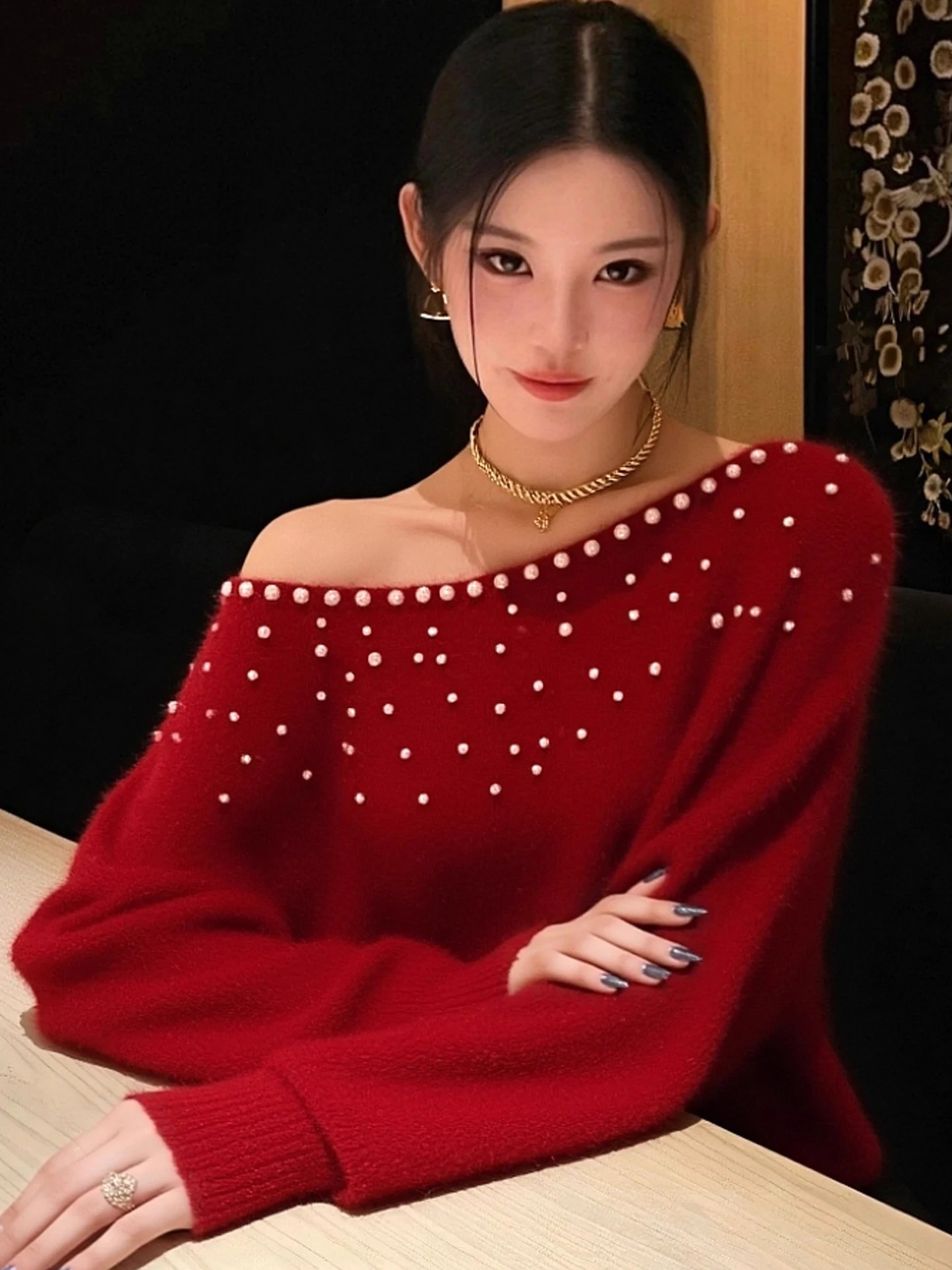 

Корейский свитер крупной вязки с богатой отделкой, женский, осенне-зимний, свободный крой, дизайн с открытыми плечами, омолаживающий, универсальный...