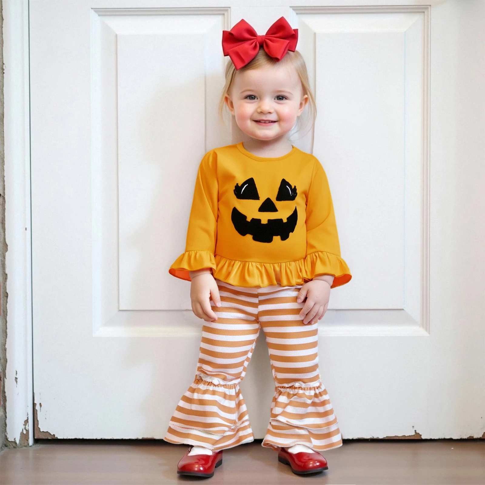 FOCUSNORM 2 ألوان الرضع طفل الفتيات هالوين الملابس مجموعة شبح التطريز كم طويل البلوز القمم مع مخطط مضيئة السراويل #1