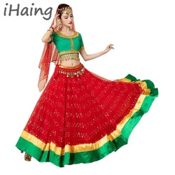 Women Bollywood Belly Dance Costume Set Ladies Shiny Tops Skirt Waist Belt Dancing Outfit Stage Performance Carnival Clothes Set