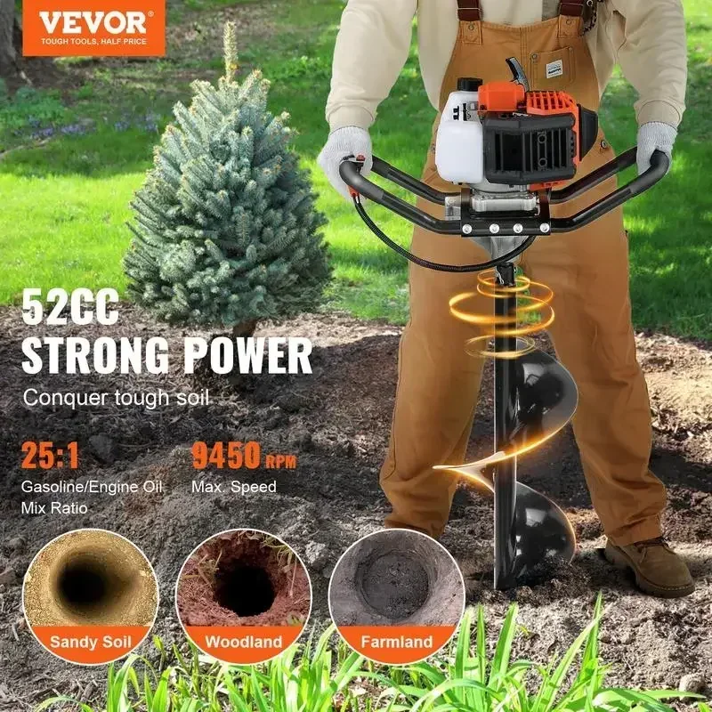 VEVOR 52cc 1450W Auger Post Hole digger, Gas Powered Earth Digger with Two Earth Auger Drill Bit 6