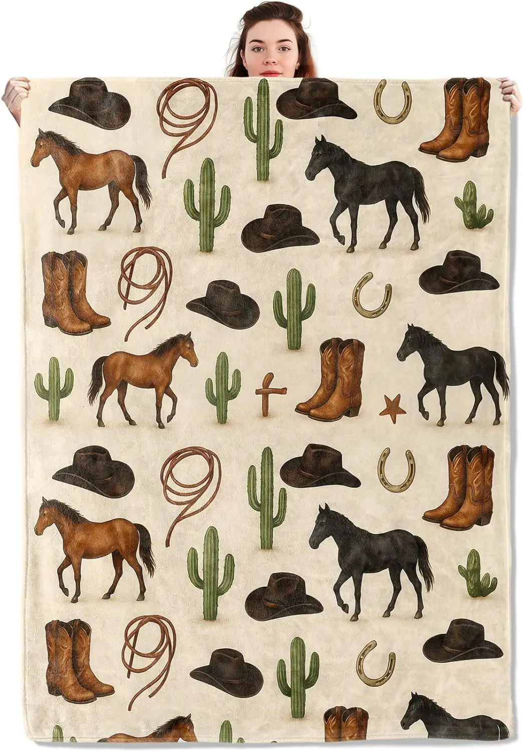 

Cowboy Horse Blanket Lightweight Blankets Gifts for Women Flannel Throw with Boot, Hat, Cactus and Rope Printed for Sofa,