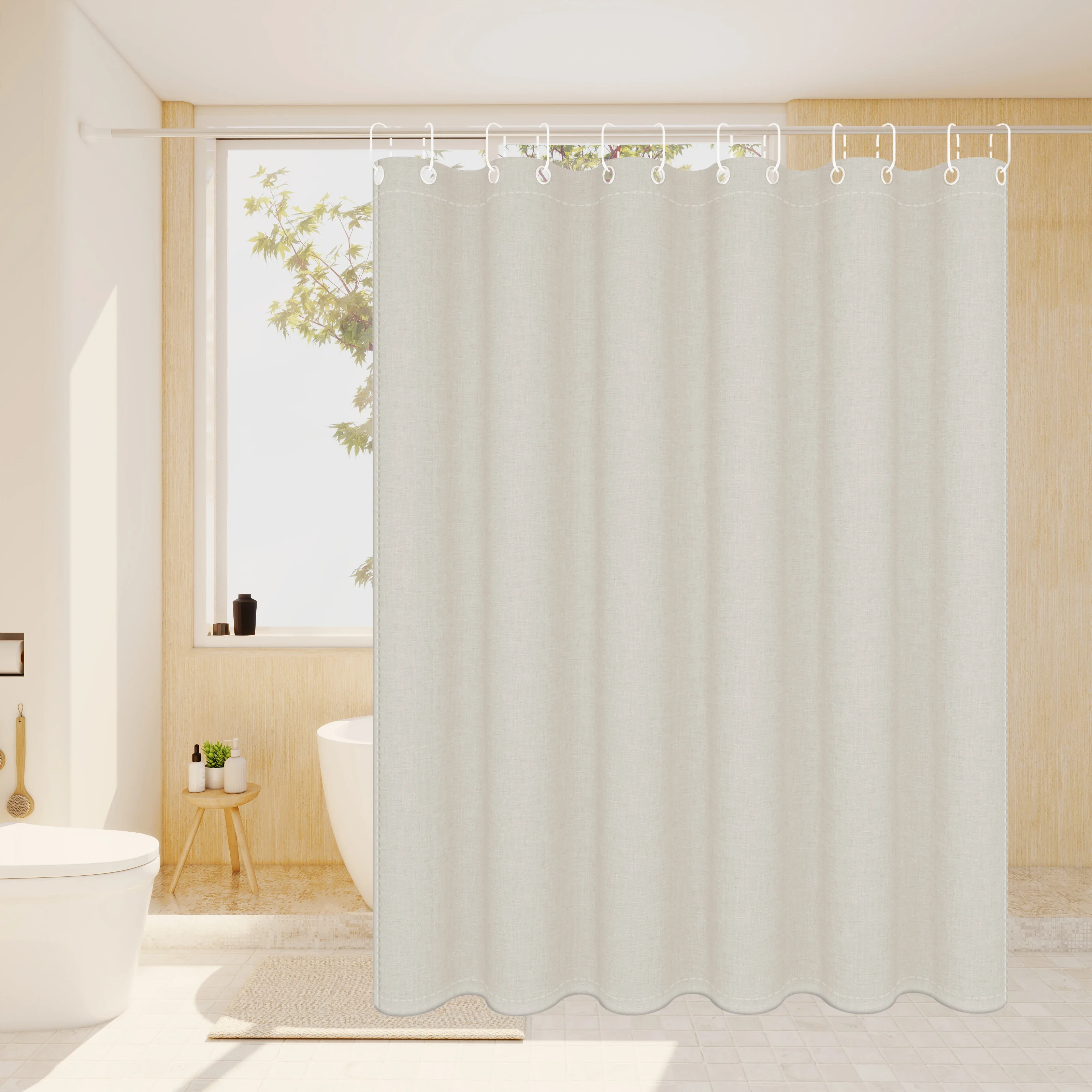 

Simple solid-color imitation linen shower curtain, adding a simple and elegant touch to the bathroom.