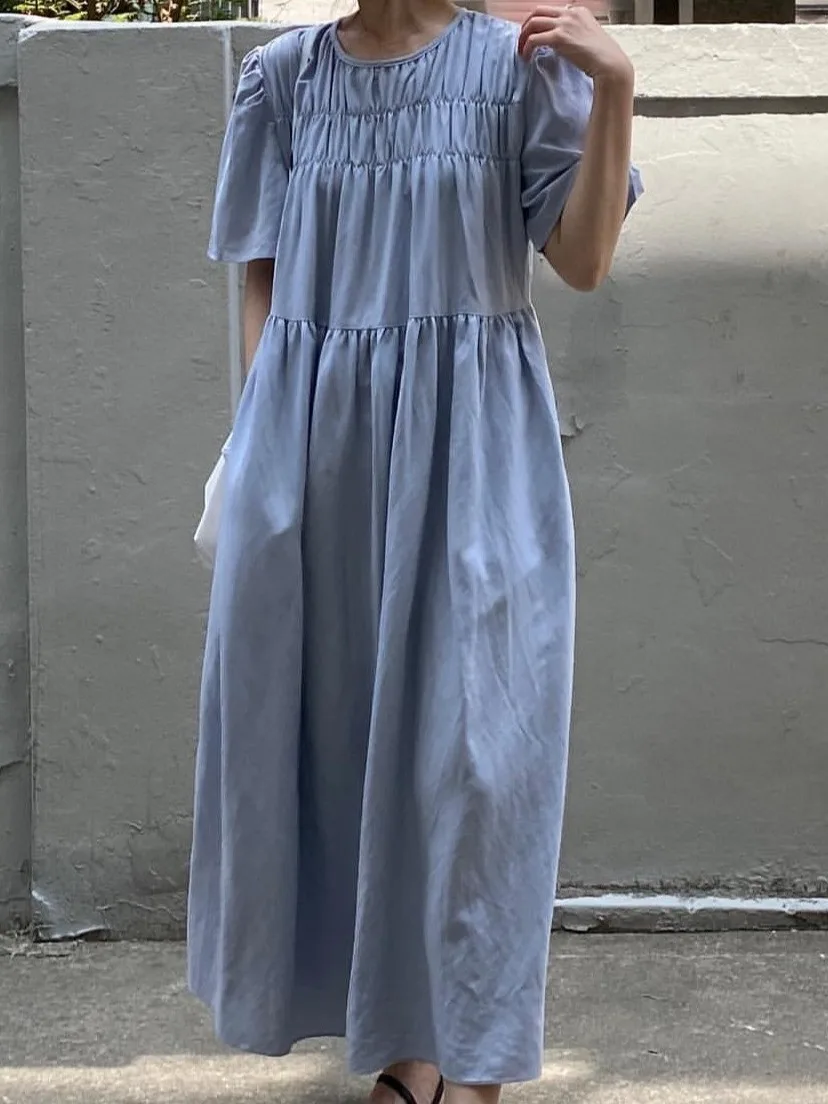 Robe bleue taille haute pour femmes, style coréen, ronde, plissée, amincissante, longue Dr, confortable, pour les déplacements, bulle Sve A-L...