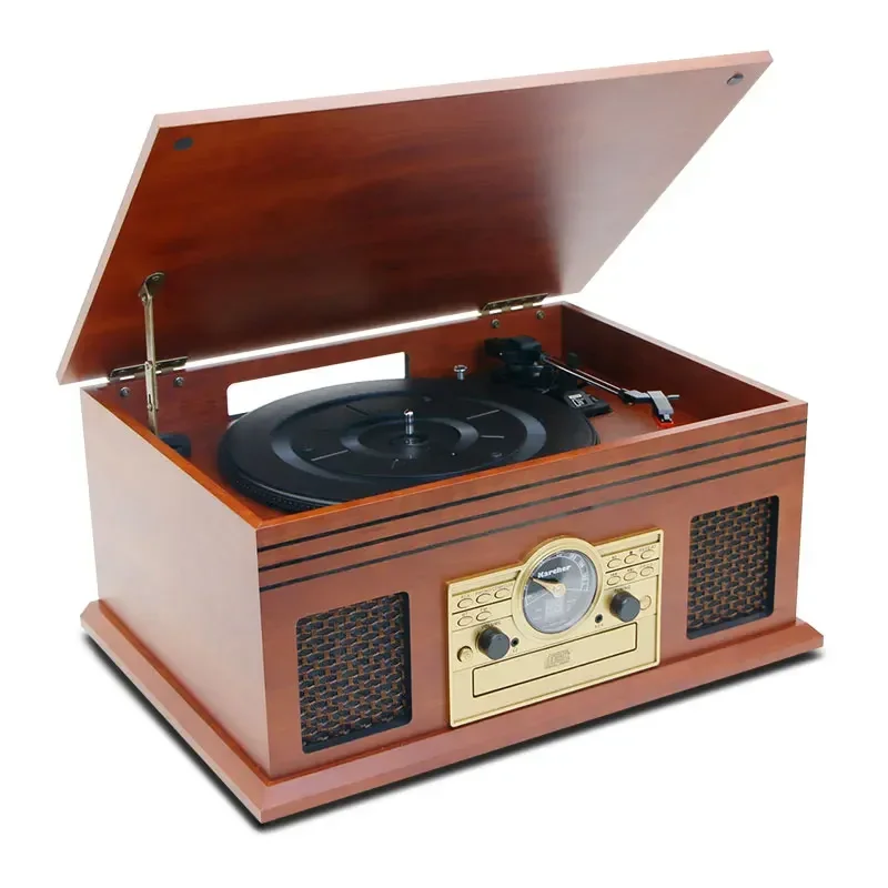 leetac All in one FM CD Bluetooth  Cassette wood turntable vinyl record player phonograph wooden turntable with casset