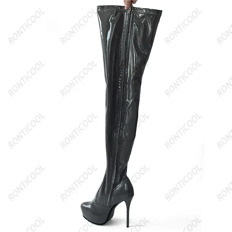 Ronticool Real Photos Women Spring Platform Thigh Boots Side Zipper Stiletto Heels Round Toe Grey Cosplay Shoes Us Size 5-20