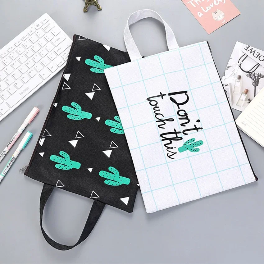 Cactus File Folder Document Bag A4 Paper Holder Grid Canvas Zipper Handbag Student Cute Stationery School Office Supplies