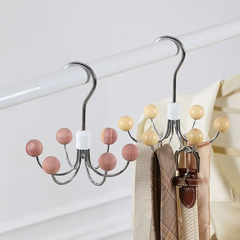 Practical Iron Wooden Ball Swivel Hook Black Hanging Clothes Hangers Rotatable Six-claw Hook Home
