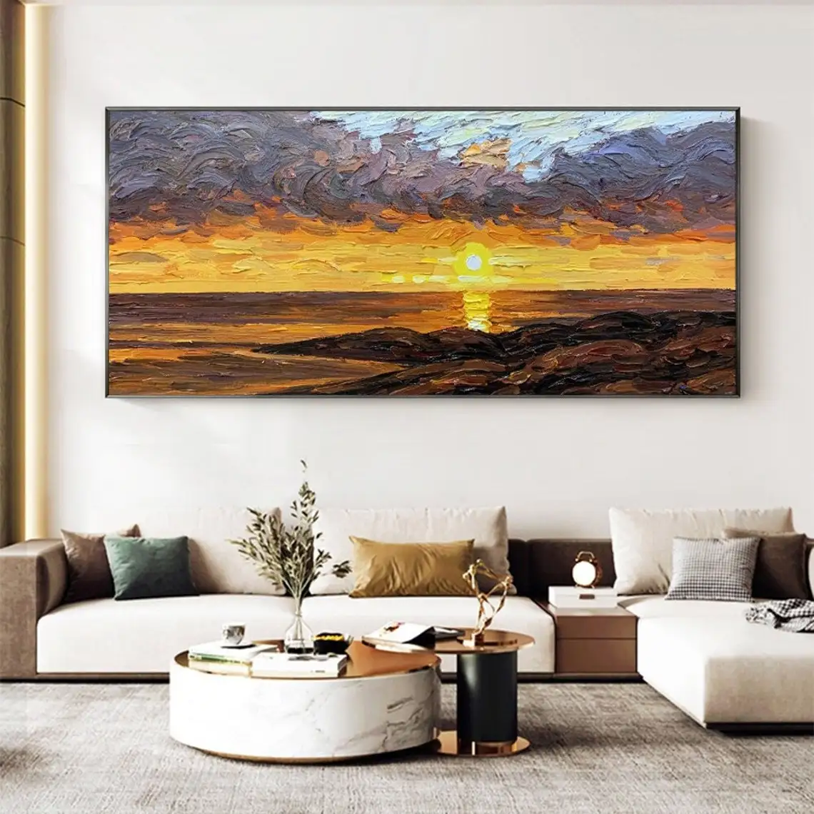 

Original Abstract Sunset Coast Oil Painting Hand Painted Large Color Landscape Seascape Painting Modern Living Room Wall Art