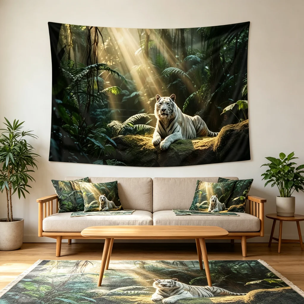 1PC White Tiger Jungle Sunlight View Print Backdrop Banner, Bedroom Living Room Photo Background, Polyester, Home Decor, Wall Ar