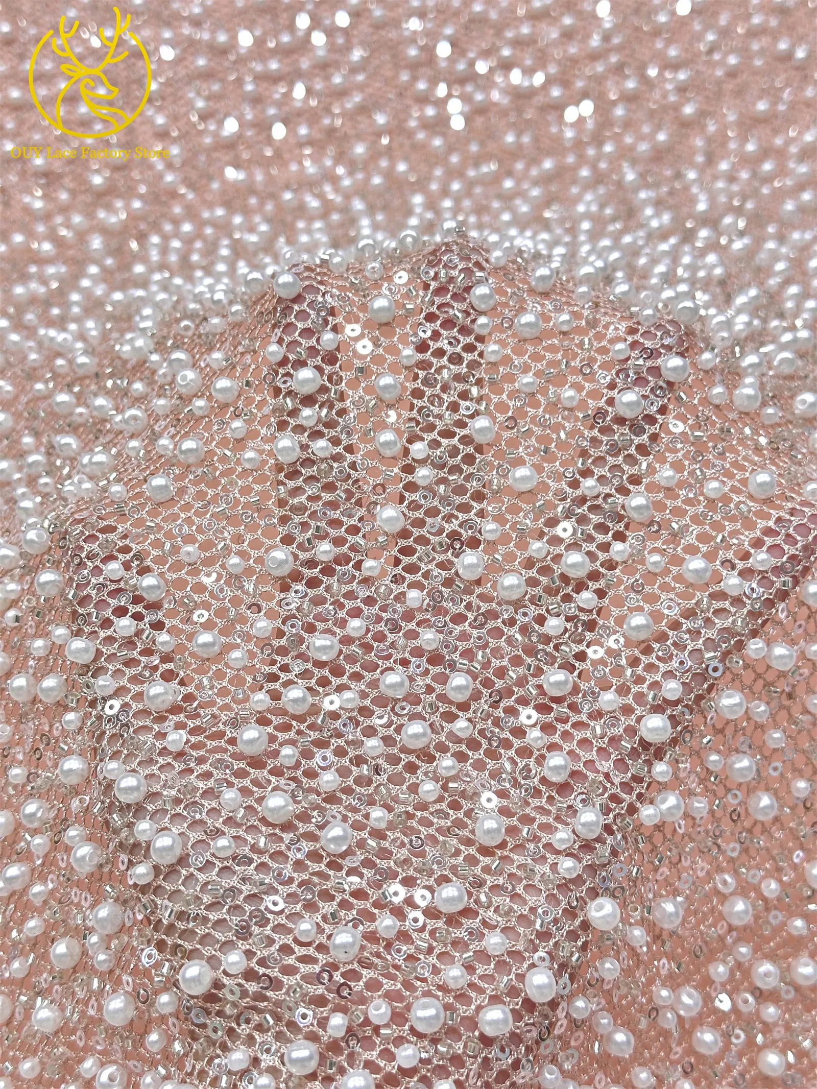 Neuer Stil Afrikanischer Perlen-Spitzenstoff Hochwertiger nigerianischer Perlen-Pailletten-Spitzenstoff Luxuriöser französischer Netzstoff zum Nähen von Hochzeitskleidern – Detail 7