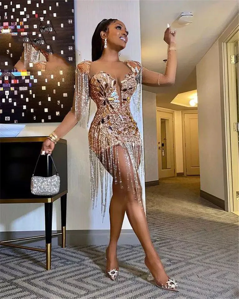 Silver Diamond Prom Dresses Short 2023 Luxury for Black Girl Beaded Tassel Birthday Party Gown Mini Cocktail Homecoming Dress