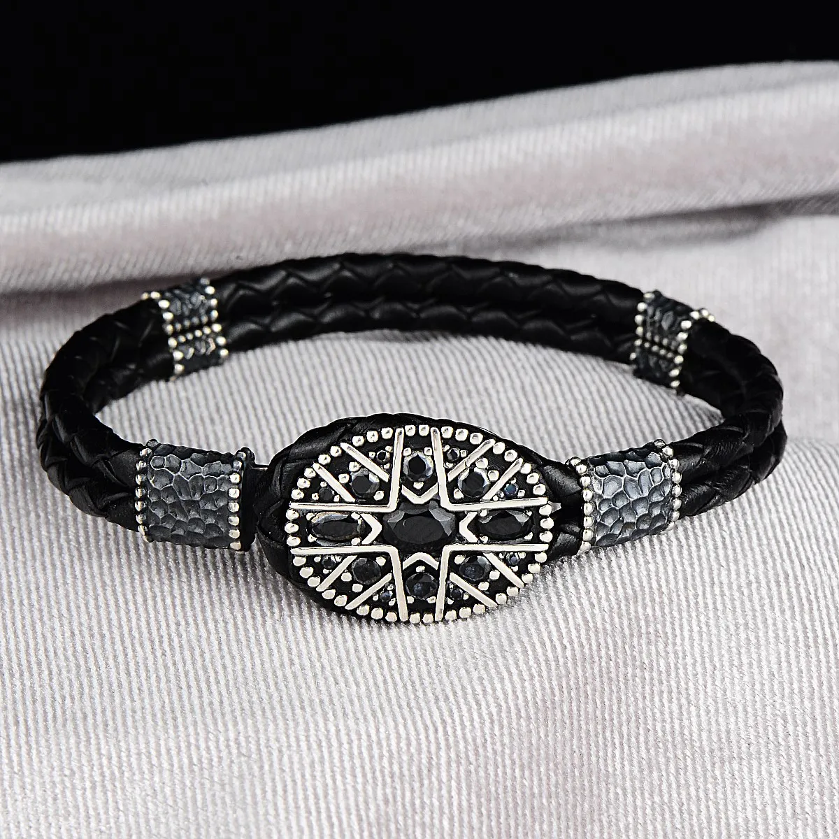 Man Silver Handmade Bracelet , Silver Genuine Leather Bracelet , Ottoman Motif Bracelet , Black Stone Bracelet , 925k  Silver