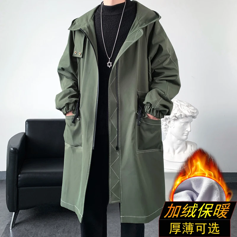 Męska kurtka wiatrówka, długi płaszcz typu trencz, modna męska odzież, ciepła, wiatroodporna, jesienno-zimowa odzież outdoorowa, płaszcz uliczny, utrzymuje ciepło.