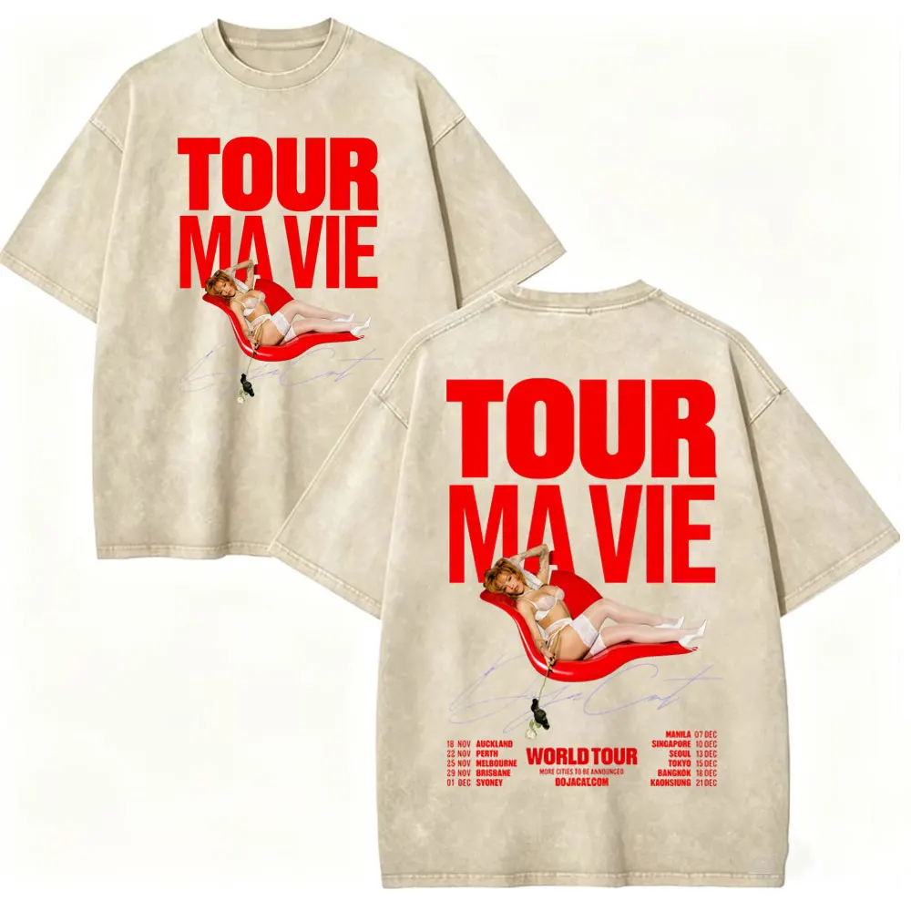 Vintage Washed Doja Cat World Tour 2026 Double Sided Graphic T Shirts Fashion Hip Hop T-shirts Men Women Casual Loose T-shirt