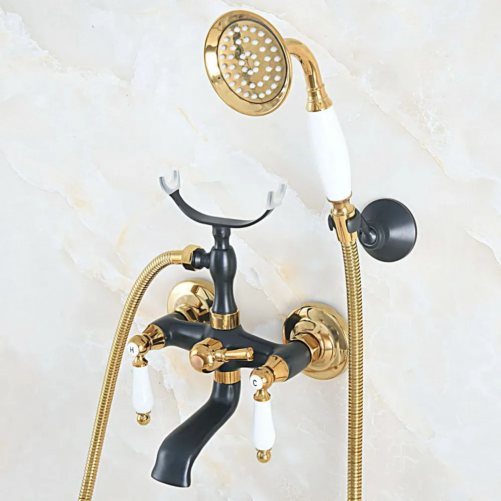 

Oil Rubbed & Gold Brass Two Handle Wall Mounted Bathroom Bath Tub Faucet Set with 150CM Hand Held Shower Spray Mixer Tap 2na576