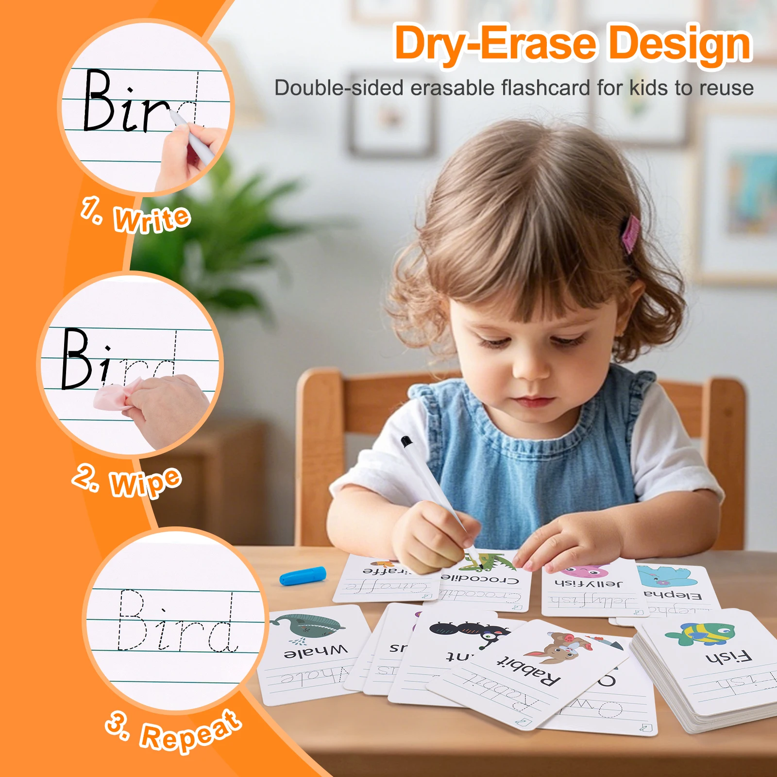 Animals English Flashcards 26Pieces Double-Sided Vocabulary Sight Words Learning Card Preschool Educational for Toddlers 3+ Kids