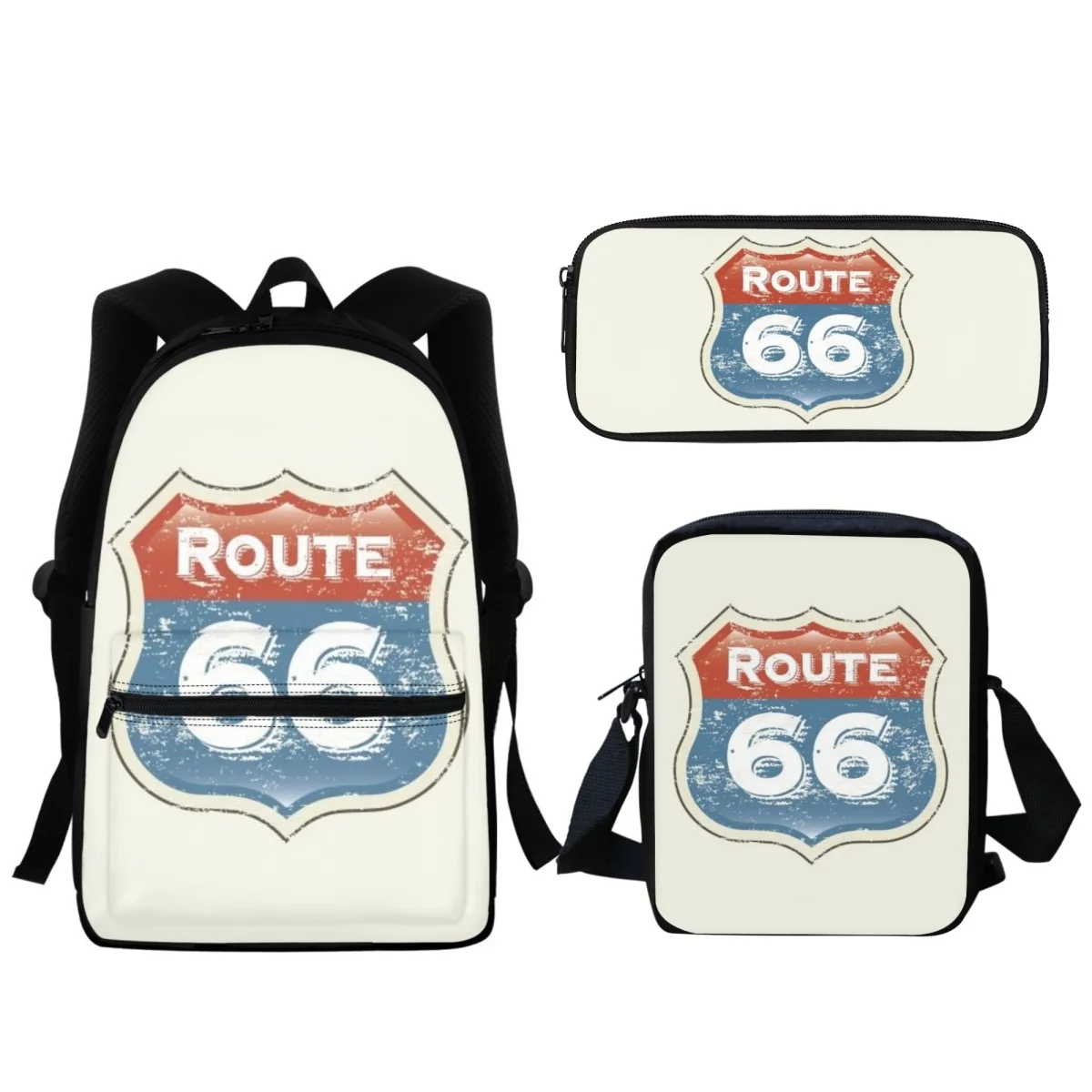 2023 American Route 66 3D Impressão School Bag Set Meninos Adolescentes Meninas Crianças Moda Escolar Mochila Lápis Estojo de Aprendizagem Ferramentas Novo