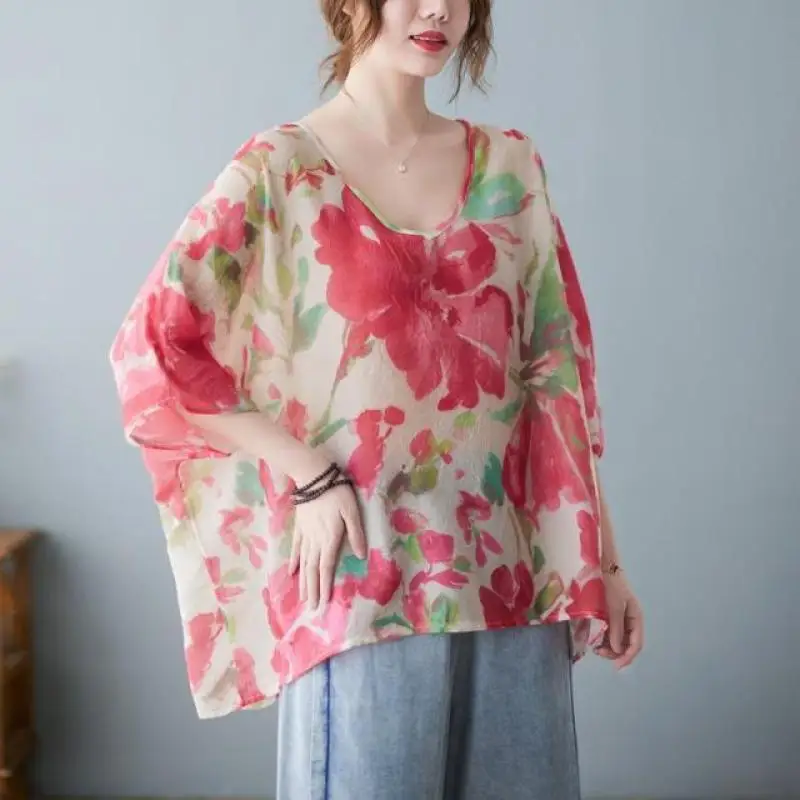 2024 Women's New Summer Pullovers Crew Neck Printed Korean Version Loose Versatile Casual Half Sleeve Commuter Chiffon Tops