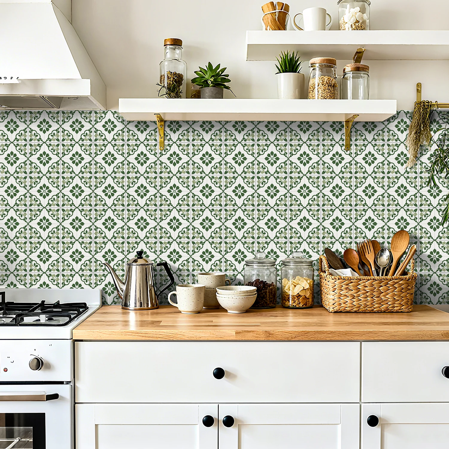 Self-Adhesive Green Floral Tile Stickers | Peel and Stick Kitchen Bathroom Wall Decals, Waterproof Matte Tile Stickers 36Pcs