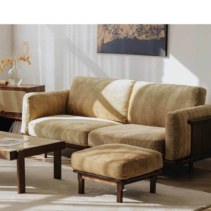 

Sofa black walnut solid wood fabric retro small apartment modern simple three single living room Nordic