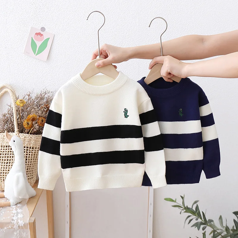 Autumn Winter Toddler Boy Pullovers Cotton Cartoon Printed Long Sleeve Baby Boy Sweater Casual Striped Knitted Children Boys Top