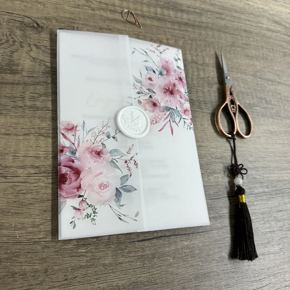 PINK flower Vellum  Wrap suitable for a 5 x 7 Wedding Invitation