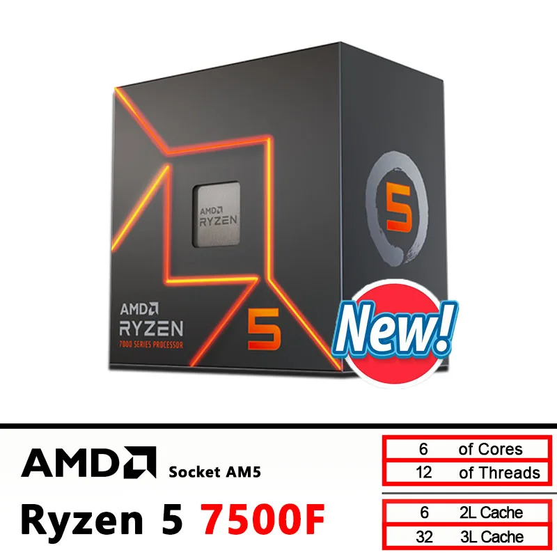 AMD R5 7500F BOX Ryzen 5 7500F 3.7GHz CPU de 6 Núcleos y 12 Subprocesos, 5NM L3=32M 100-000001015, Socket AM5, Nuevo en Caja, Sin Refrigerador