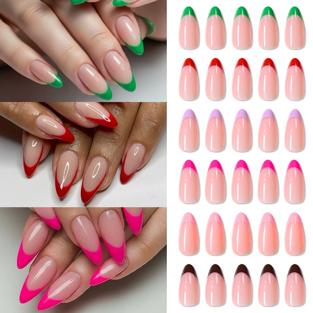 

288Pcs/Box Colorful French Pink Almond Press On Nail Colorful Edges Nude Pink Almond False Nail Spring Summer Almond Fake Nail