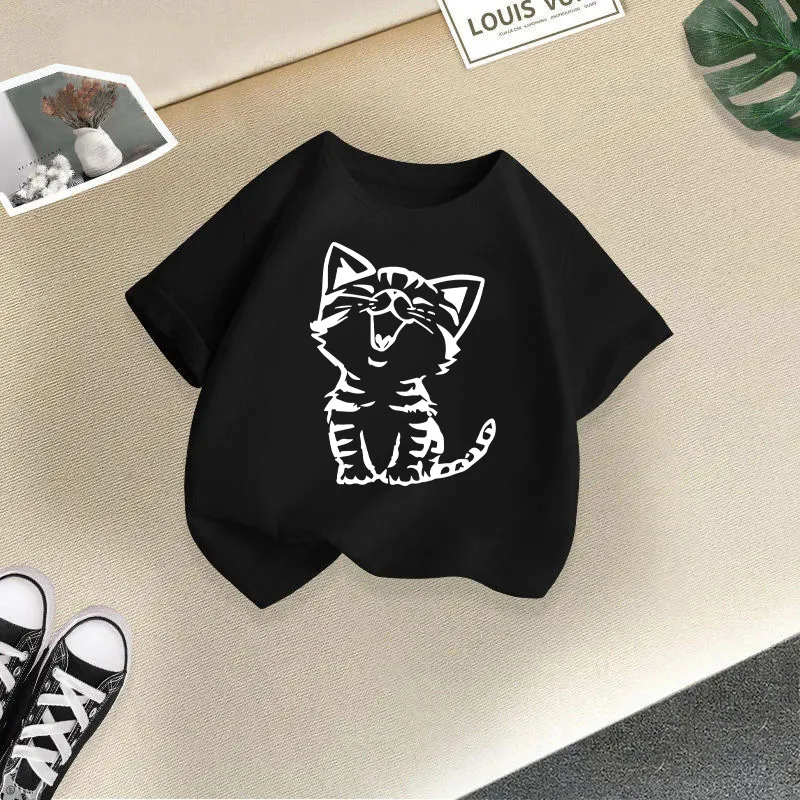 Summer New Cute Cat Animal Print Round Neck Short Sleeved Tee Shirt for Boys and Girls Fashionable and Simple Children's T-shirt