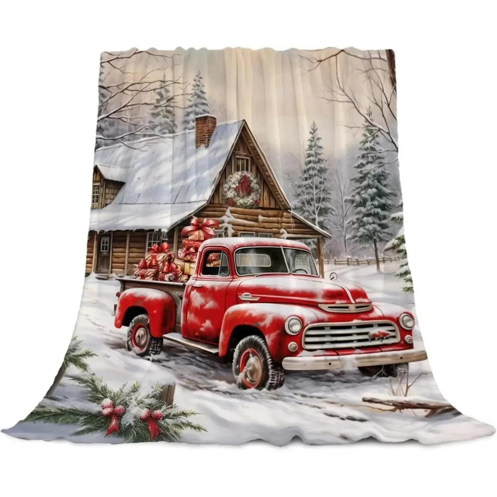 Vintage Red Pickup Truck Snow Cabin Christmas Throw Home Decor Rest Cover For Cozy Nap Relax Housewarming New Year Present