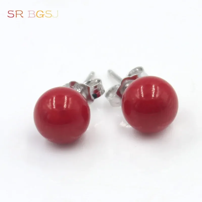 8mm High Quality Round Red Genuine Natural Sea Bamboo Coral Women Jewelry Nice Stud Earrings