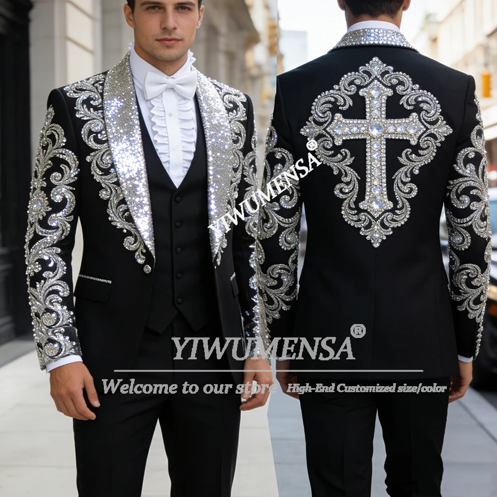 

Luxury Men's Suit Sequins Label Beaded Stones Prom Blazers Customized 3 Piece Sets Groom Formal Wear Wedding Tuxedos Male Attire