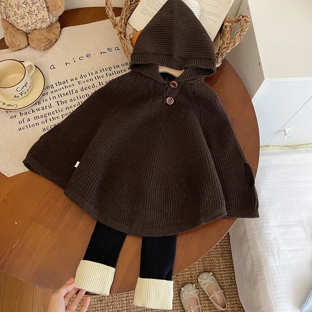 2024 Children\'s Hooded Cape Baby Outdoor Windproof Cardigan Stylish Knitted Cape Boys Woolen Coat Jacket Girl Cardigan