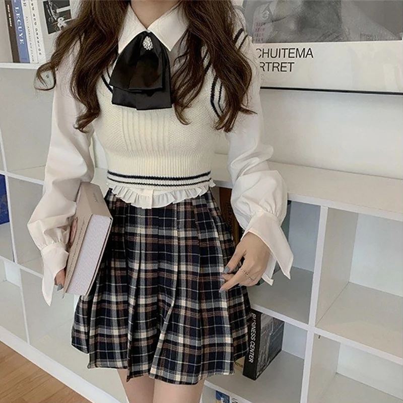 Conjunto de 4 piezas de uniforme de estilo Preppy para niñas, Chaleco de punto coreano, camisa blanca, Lazo de cinta, falda a cuadros de cintura alta, traje JK, otoño