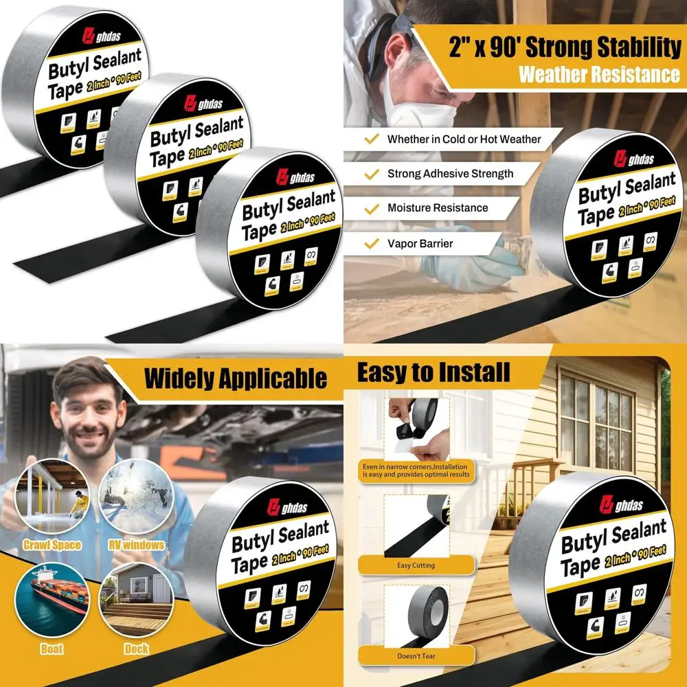 

2 x 90' Double-Sided Black Butyl Tape - Waterproof & Weatherproof for Crawl Spaces, RVs, Boats, Decks